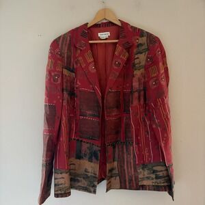 VTG Barry Bricken Womens Linen Blazer Jacket Size 14 Red Artsy Abstract Boho
